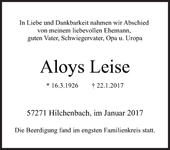 Traueranzeige von Aloys Leise von Siegener Zeitung