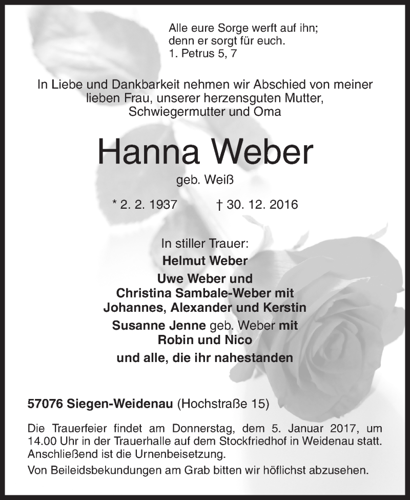  Traueranzeige für Hanna Weber vom 03.01.2017 aus Siegener Zeitung