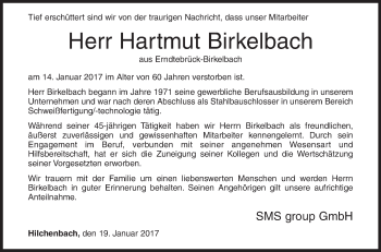 Traueranzeige von Hartmut Birkelbach von Siegener Zeitung