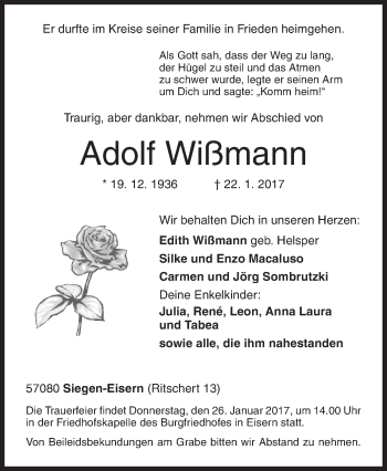 Traueranzeige von Adolf Wißmann von Siegener Zeitung