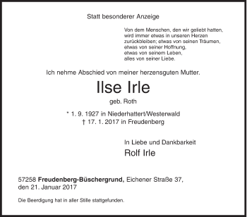Traueranzeige von Ilse Irle von Siegener Zeitung