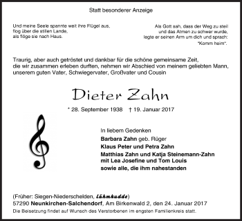 Traueranzeige von Dieter Zahn von Siegener Zeitung