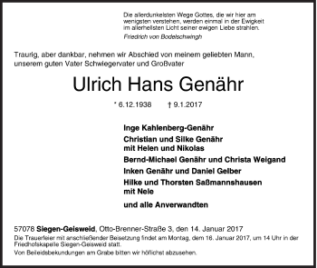 Traueranzeige von Ulsirch Hans Genähr von Siegener Zeitung