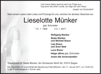 Traueranzeige von Lieselotte Münker von Siegener Zeitung