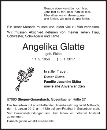 Traueranzeige von Angelika Glatte von Siegener Zeitung