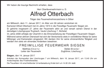 Traueranzeige von Alfred Otterbach von Siegener Zeitung