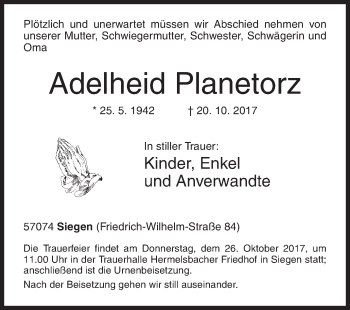 Traueranzeige von Adelheid Planetorz von Siegener Zeitung