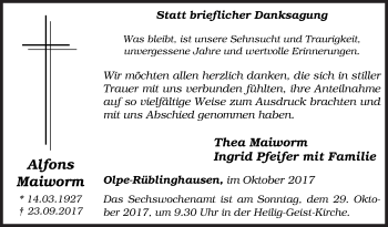 Traueranzeige von Alfons Maiworm von Siegener Zeitung