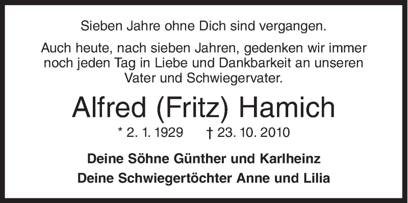  Traueranzeige für Alfred Hamich vom 23.10.2017 aus Siegener Zeitung