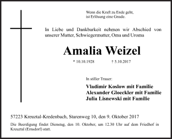 Traueranzeige von Amalia Weizel von Siegener Zeitung