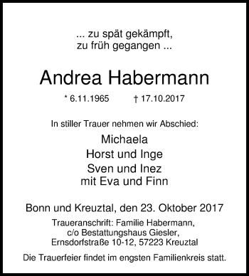 Traueranzeige von Andrea Habermann von Siegener Zeitung