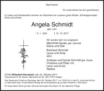 Traueranzeige von Angela Schmidt von Siegener Zeitung