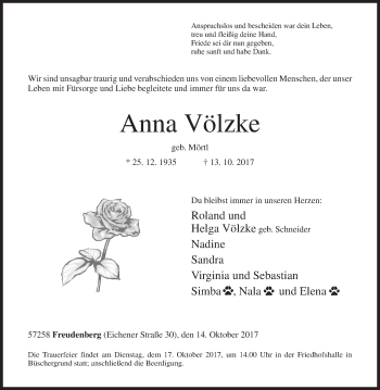 Traueranzeige von Anna Völzke von Siegener Zeitung