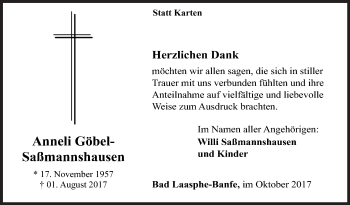 Traueranzeige von Anneli Göbel-Saßmannshausen von Siegener Zeitung