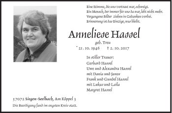 Traueranzeige von Anneliese Hassel von Siegener Zeitung