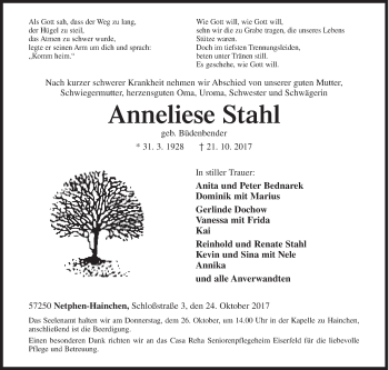 Traueranzeige von Anneliese Stahl von Siegener Zeitung