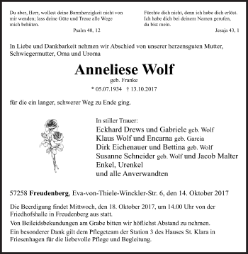 Traueranzeige von Anneliese Wolf von Siegener Zeitung