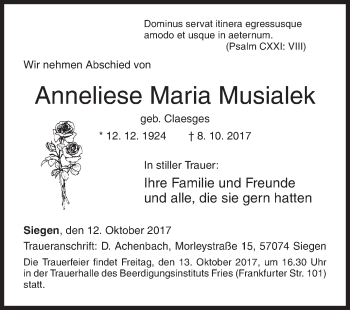 Traueranzeige von Anneliese Maria Musialek von Siegener Zeitung