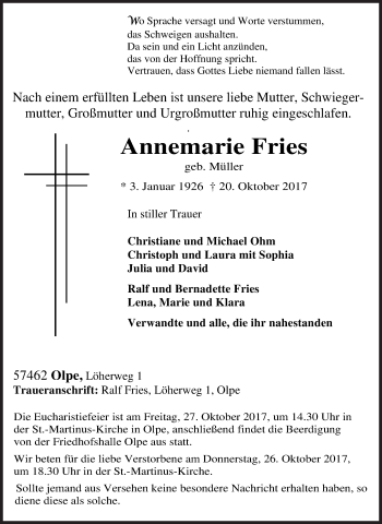 Traueranzeige von Annemarie Fries von Siegener Zeitung