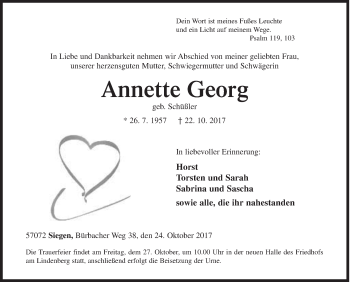 Traueranzeige von Annette Georg von Siegener Zeitung