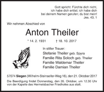 Traueranzeige von Anton Theiler von Siegener Zeitung