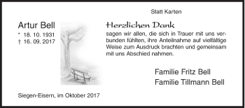 Traueranzeige von Artur Bell von Siegener Zeitung