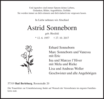 Traueranzeige von Astrid Sonneborn von Siegener Zeitung