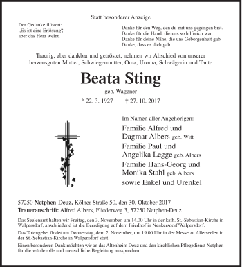 Traueranzeige von Beata Sting von Siegener Zeitung