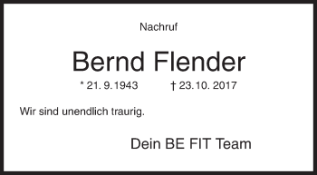 Traueranzeige von Bernd Flender von Siegener Zeitung