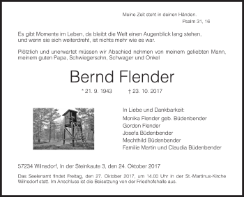Traueranzeige von Bernd Flender von Siegener Zeitung