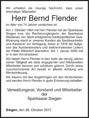 Traueranzeige von Bernd Flender von Siegener Zeitung