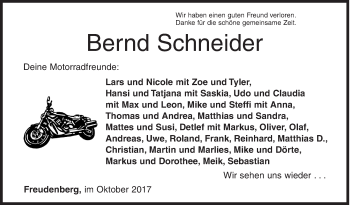 Traueranzeige von Bernd Schneider von Siegener Zeitung