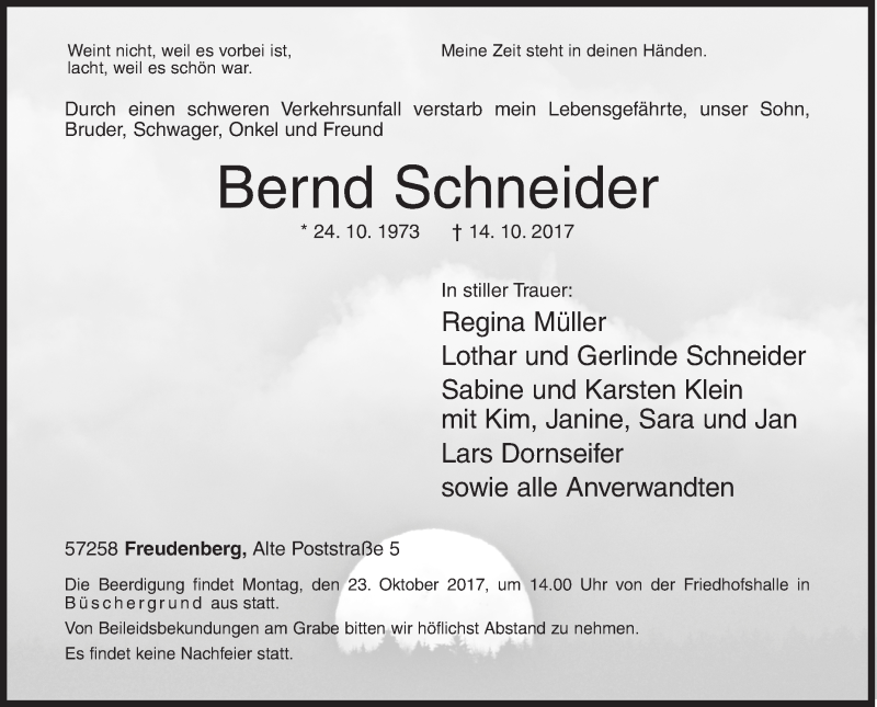  Traueranzeige für Bernd Schneider vom 19.10.2017 aus Siegener Zeitung