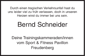 Traueranzeige von Bernd Schneider von Siegener Zeitung