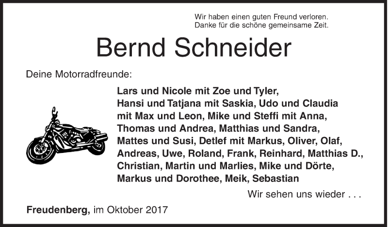  Traueranzeige für Bernd Schneider vom 19.10.2017 aus Siegener Zeitung