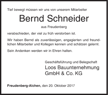 Traueranzeige von Bernd Schneider von Siegener Zeitung