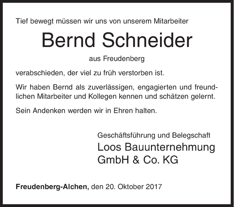  Traueranzeige für Bernd Schneider vom 20.10.2017 aus Siegener Zeitung