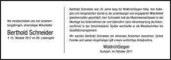 Traueranzeige von Berthold Schneider von Siegener Zeitung