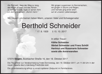 Traueranzeige von Berthold Schneider von Siegener Zeitung