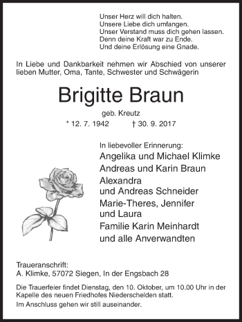 Traueranzeige von Brigitte Braun von Siegener Zeitung