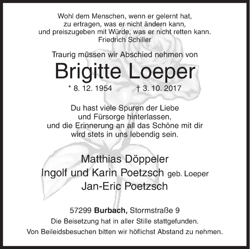  Traueranzeige für Brigitte Loeper vom 14.10.2017 aus Siegener Zeitung