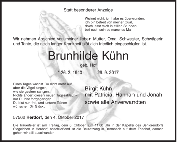 Traueranzeige von Brunhilde Kühn von Siegener Zeitung