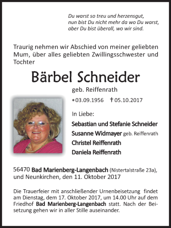 Traueranzeige von Bärbel Schneider von Siegener Zeitung