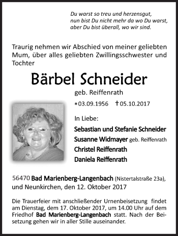 Traueranzeige von Bärbel Schneider von Siegener Zeitung