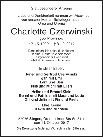 Traueranzeige von Charlotte Czerwinski von Siegener Zeitung