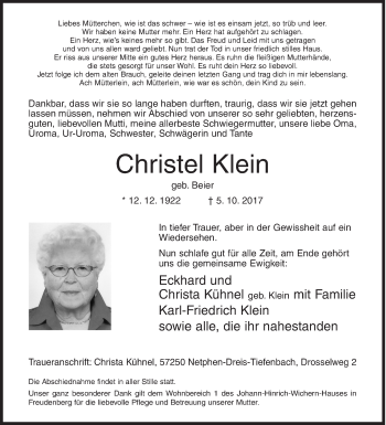 Traueranzeige von Christel Klein von Siegener Zeitung
