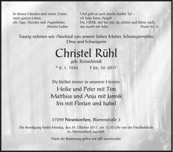 Traueranzeige von Christel Rühl von Siegener Zeitung
