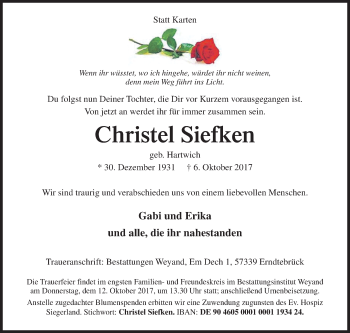 Traueranzeige von Christel Siefken von Siegener Zeitung