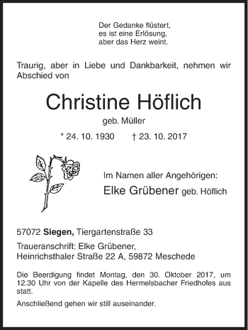 Traueranzeige von Christine Höflich von Siegener Zeitung