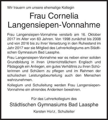 Traueranzeige von Cornelia Langensiepen-Vonnahme von Siegener Zeitung